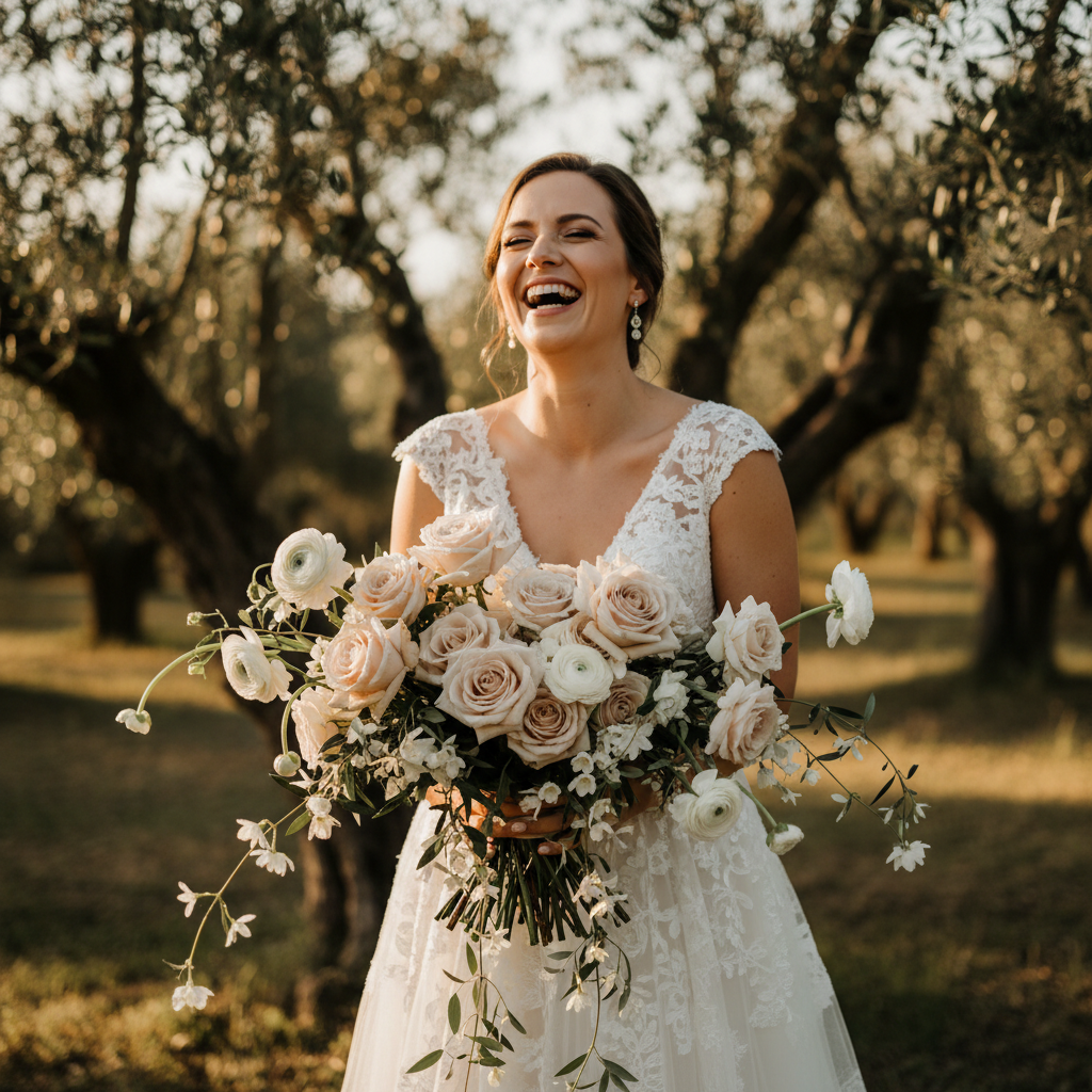 Bride laughing naturally in soft Tuscan afternoon light
