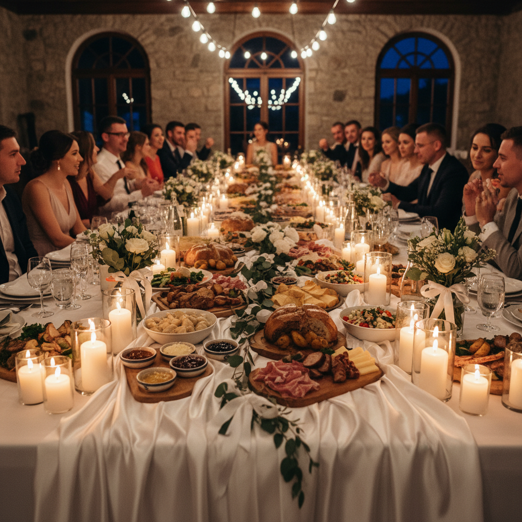 Long wedding reception table with white linens, candles, and Slovenian food spread