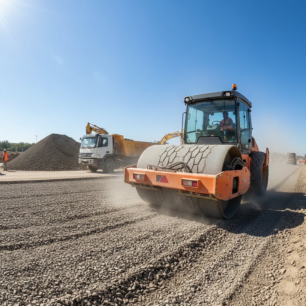 Compactor machine preparing road base layer with crushed stone