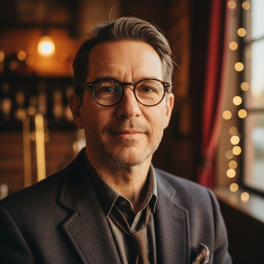 Portrait of Marcus Webb, jazz musician from New Orleans, wearing glasses, relaxed expression