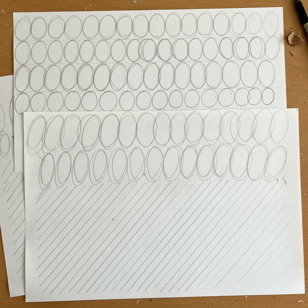 Practice drill sheets covered in repetitive oval and slant exercises in pencil