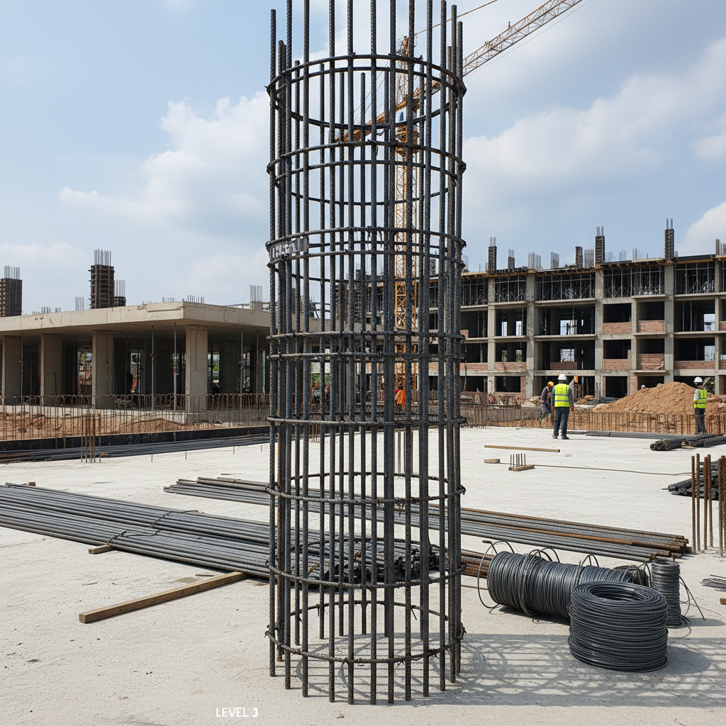 RCC column reinforcement before shuttering at Indian site