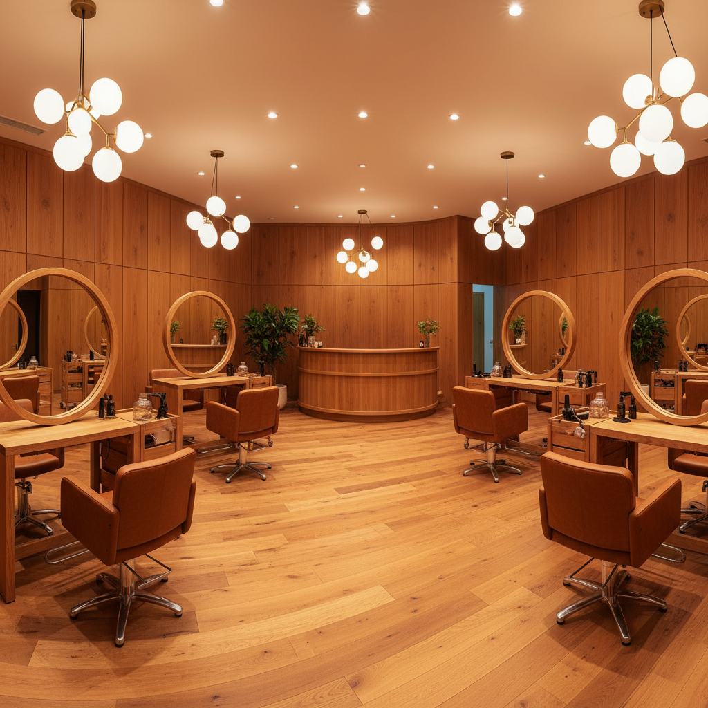 SalonLux interior with elegant styling stations, warm amber lighting, luxury salon environment