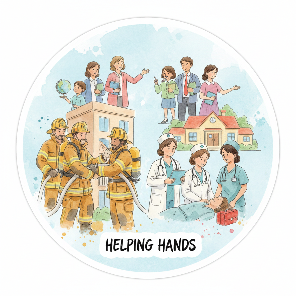 Illustrated storybook scene showing firefighters, doctors, and teachers helping people