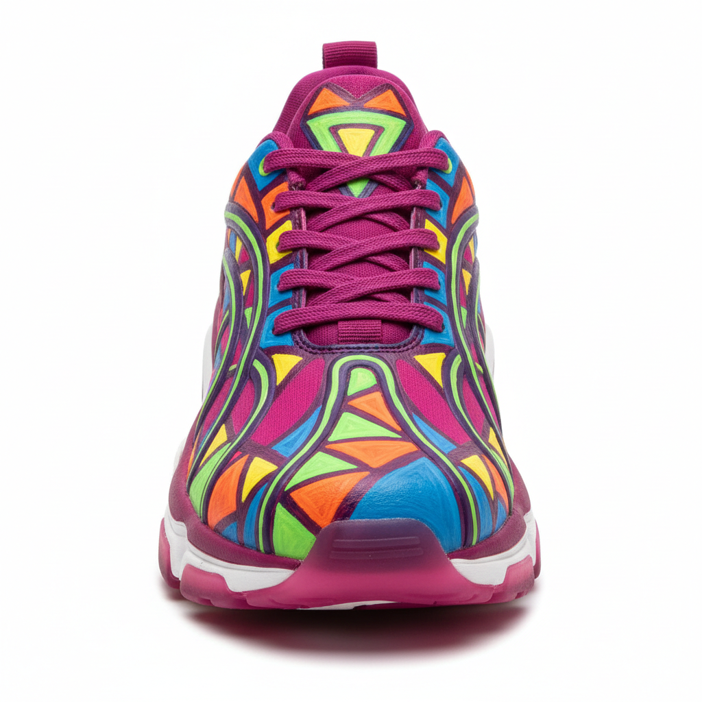 Magenta and violet sneaker with hand-painted geometric art