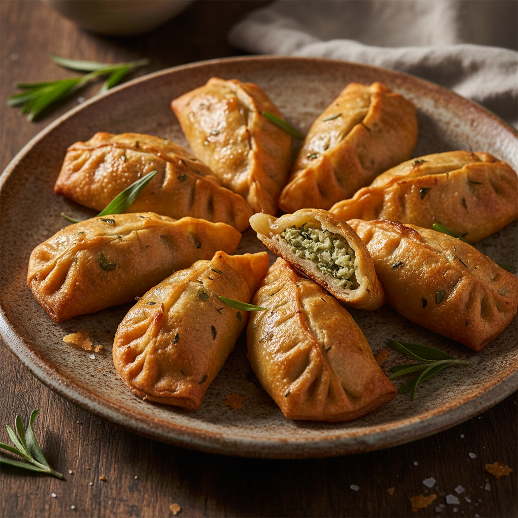 Golden baked dumplings with tarragon filling on a rustic ceramic plate