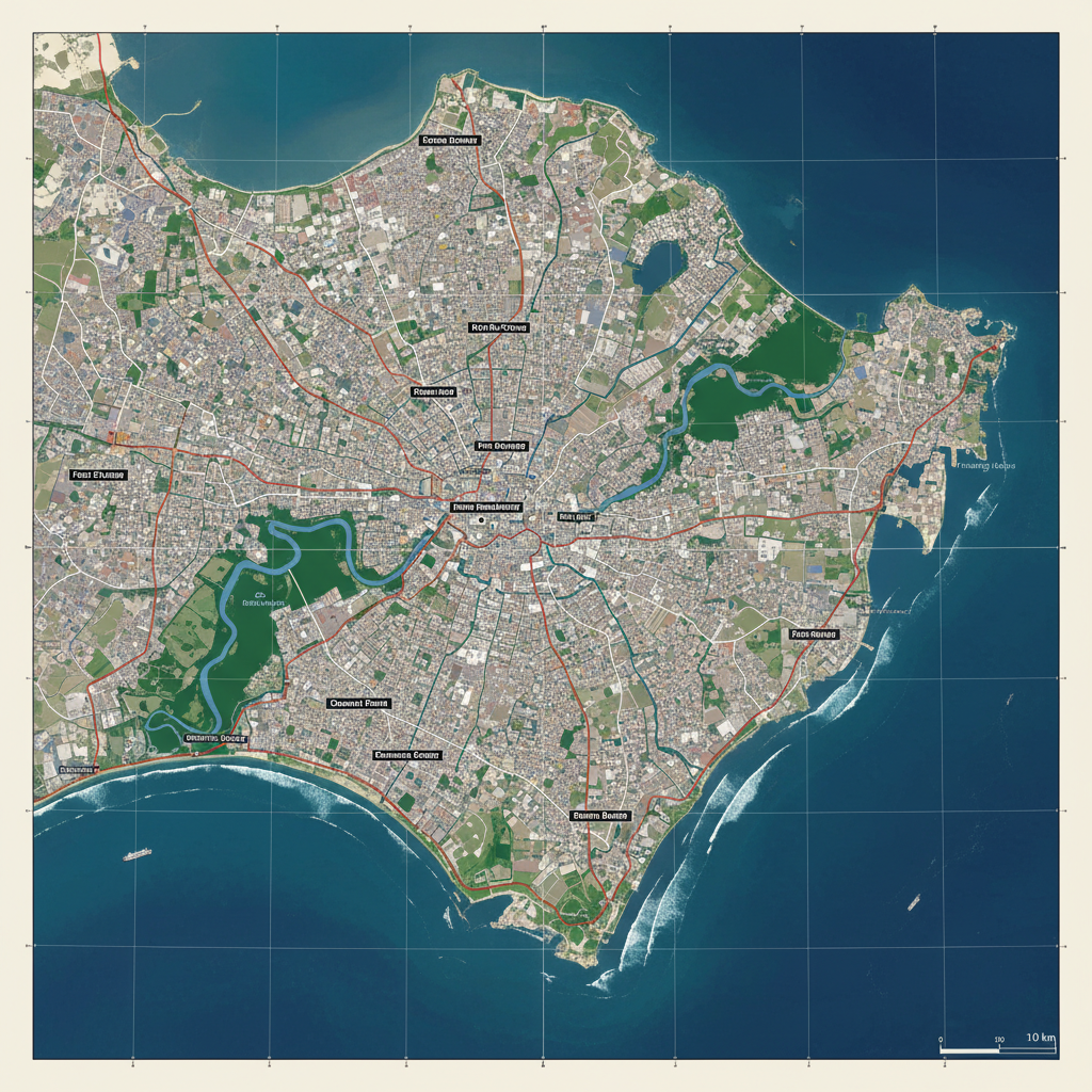 Map view of Chennai area, bright daylight aerial view, clear geographic overview