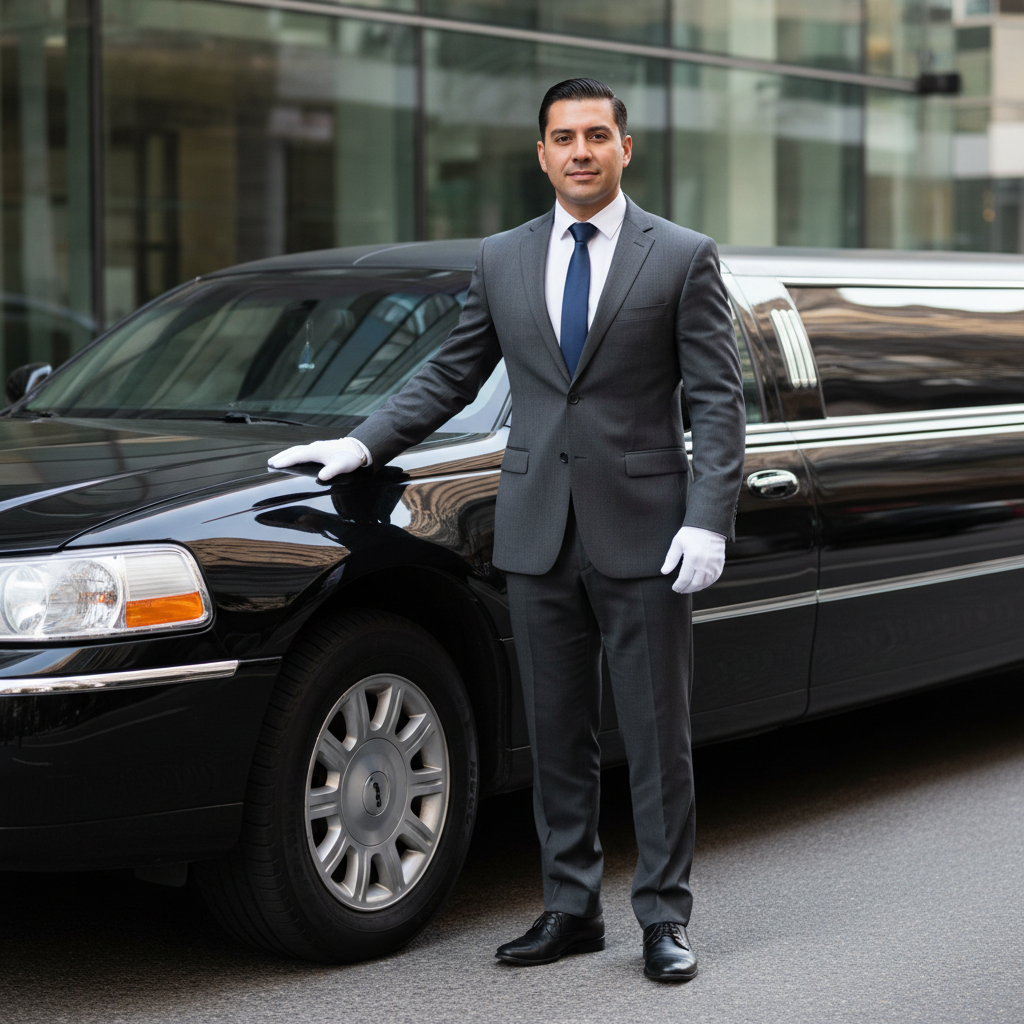 Hispanic chauffeur in formal attire with professional demeanor standing next to stretch limousine