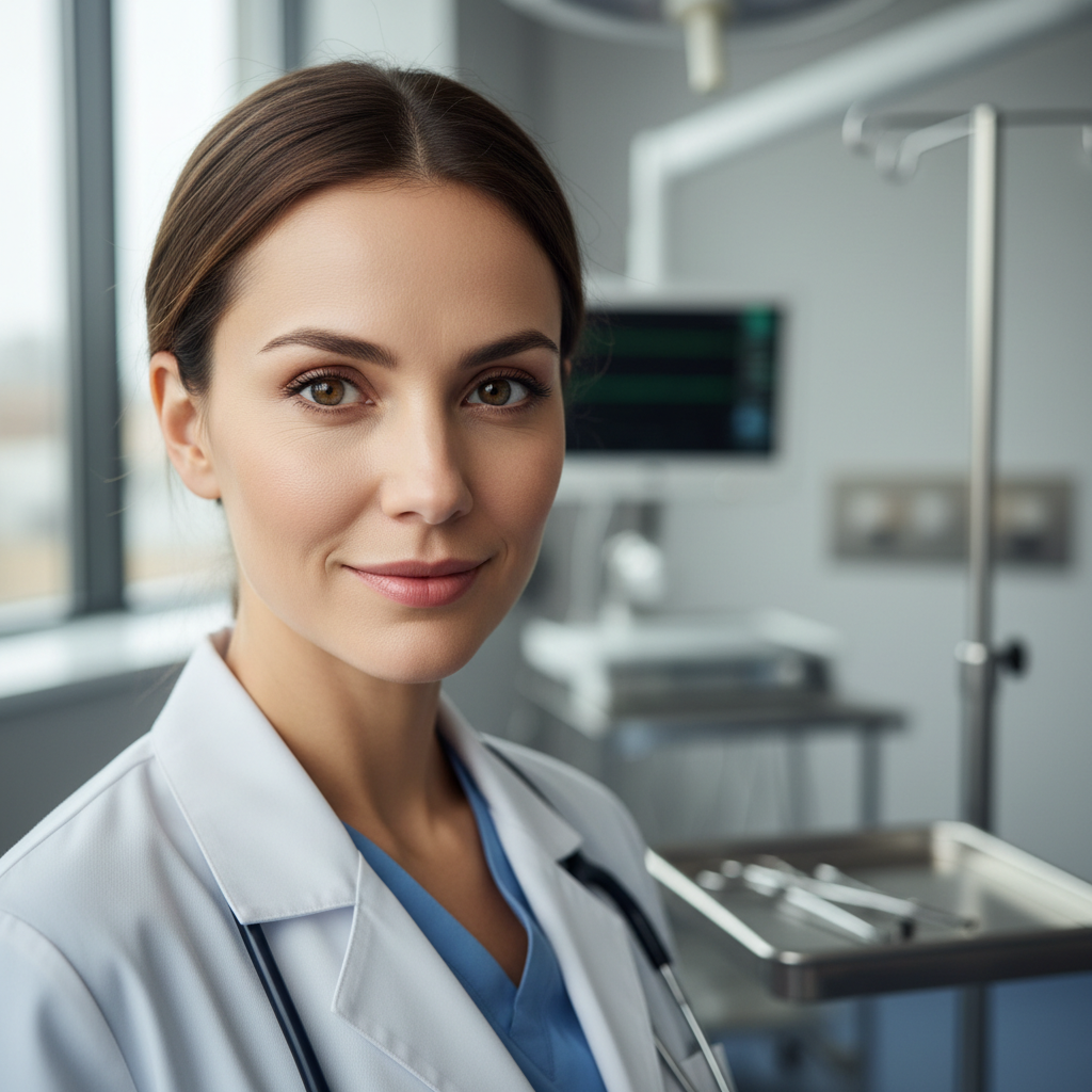 Professional woman doctor with warm smile, white coat, bright clinical environment