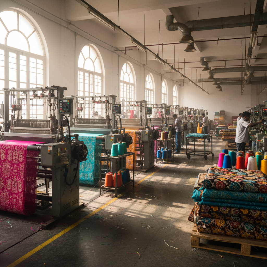 Luxurious silk and brocade fabric rolls in vibrant colors at a Surat textile showroom