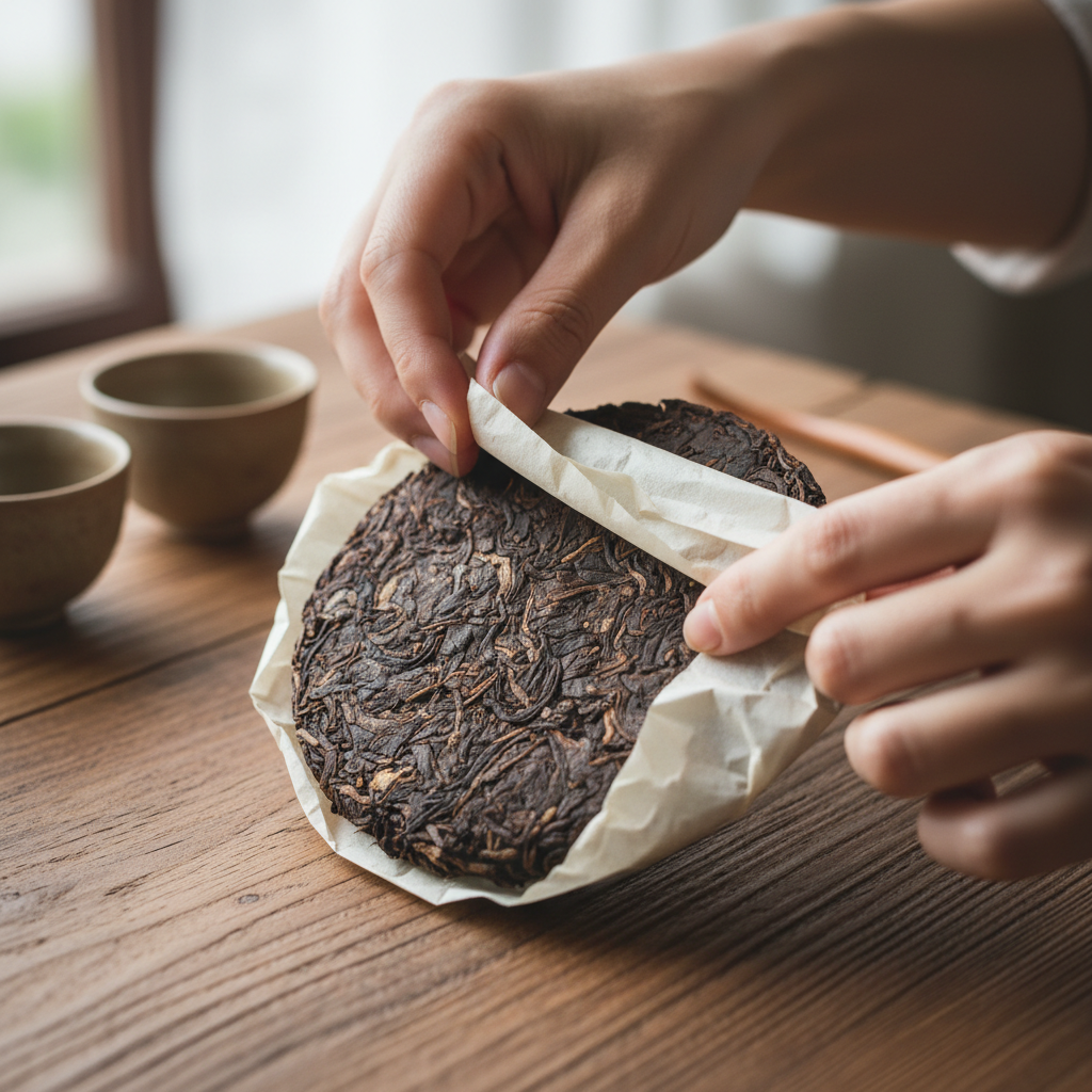 Wang Lihua unwrapping a pressed pu-erh cake at a cedar table with ceramic cups arranged nearby