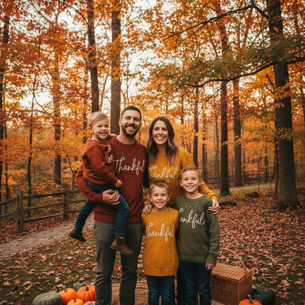 Family in matching Thankful crewneck sweaters in autumn colors