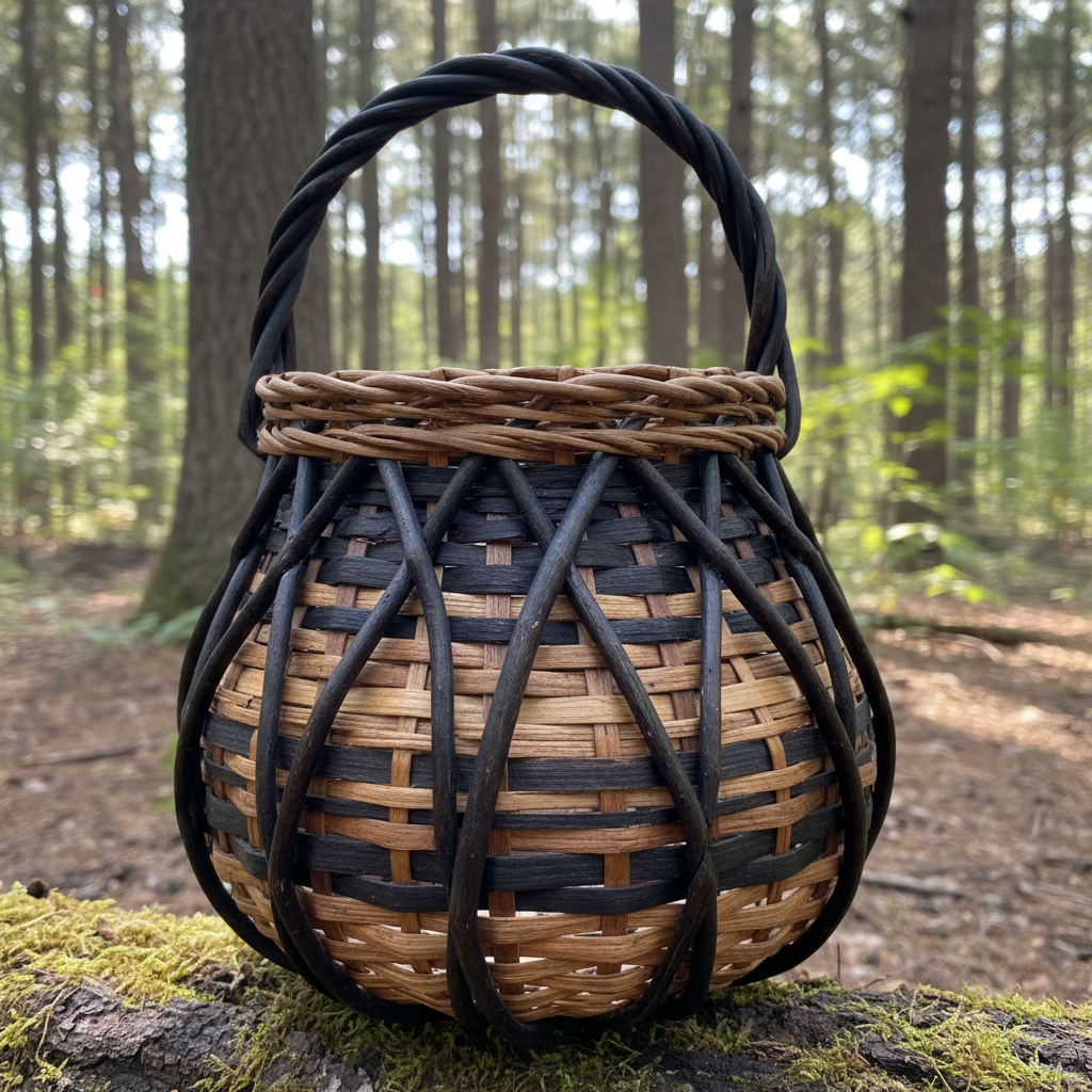 Traditional Penobscot ribbed basket woven from black ash splints