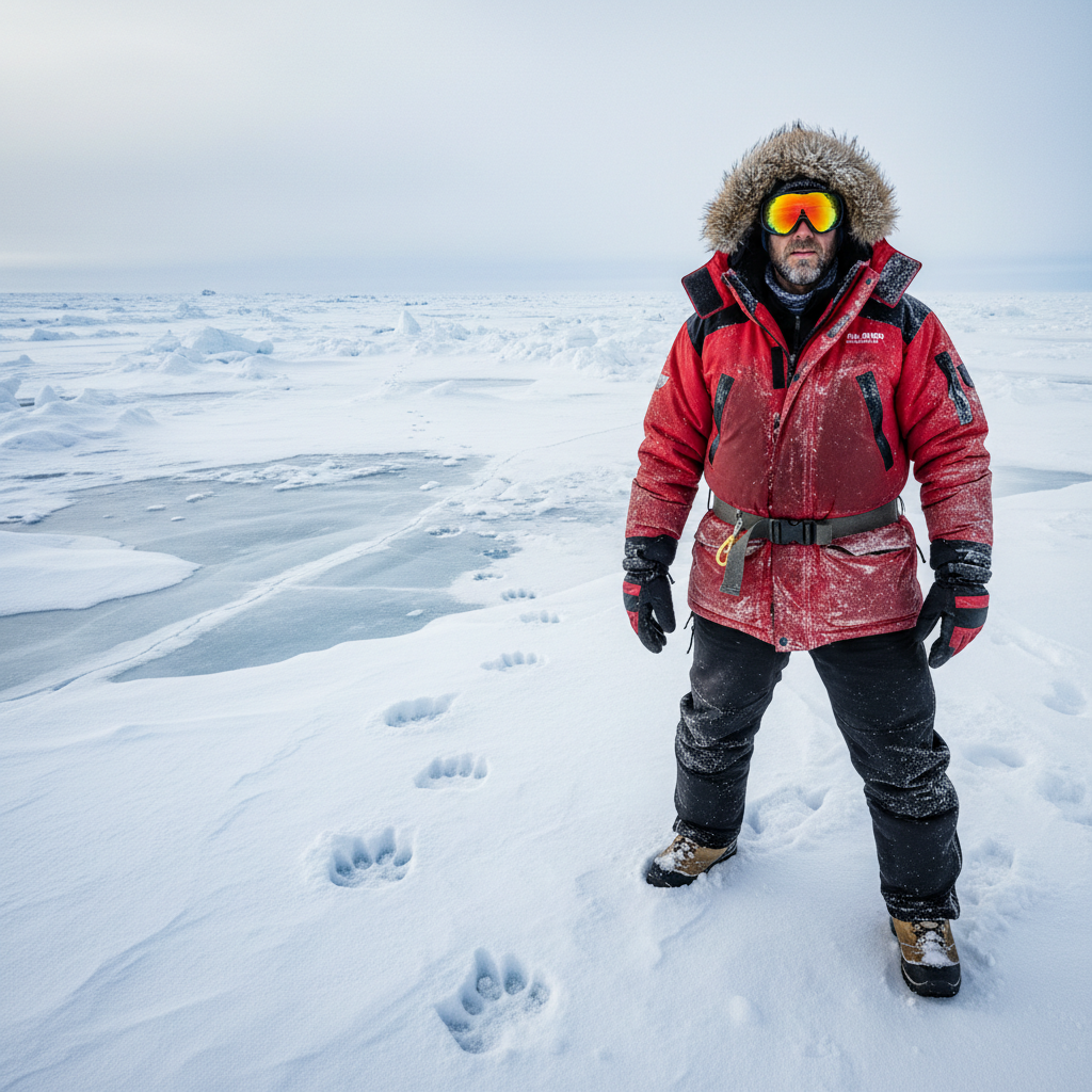 Erik Halvorsen, Arctic expedition guide, wearing polar gear on sea ice with polar bear tracks
