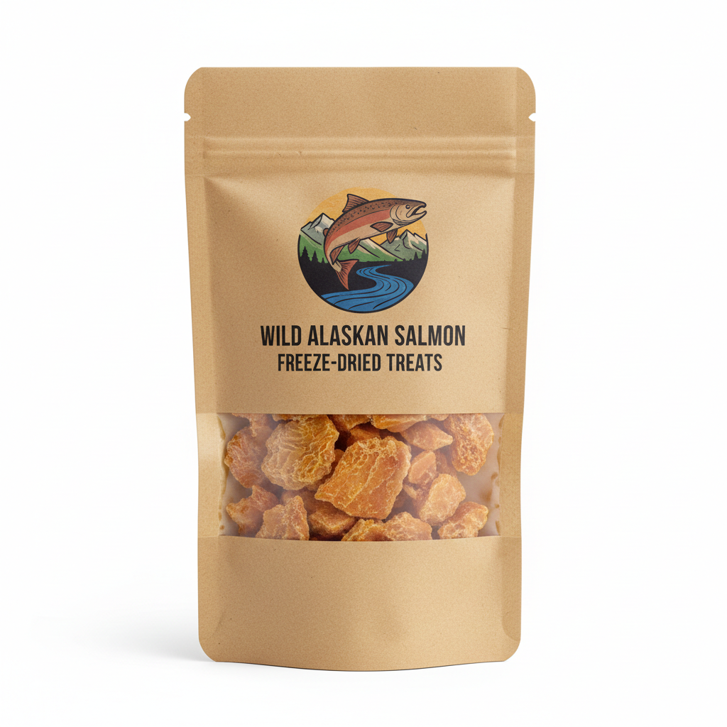 Wild Alaskan salmon freeze-dried treats in kraft packaging