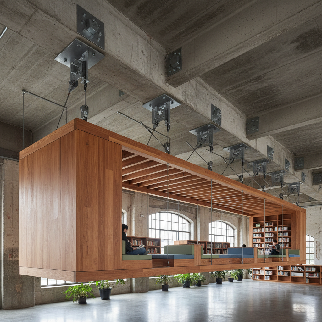 New timber reading gallery suspended from existing concrete roof beams, structural connection detail visible