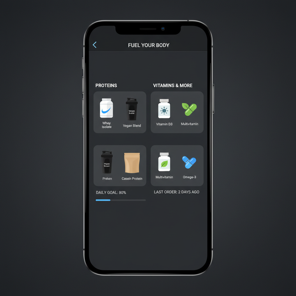 Health and fitness app showing workout metrics, clean white background, bright gym environment