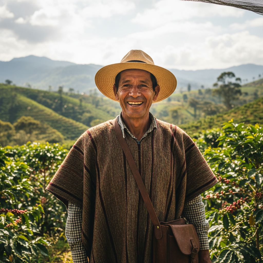 Agricultor colombiano sonriente en campo verde bajo cielo despejado, luz natural brillante