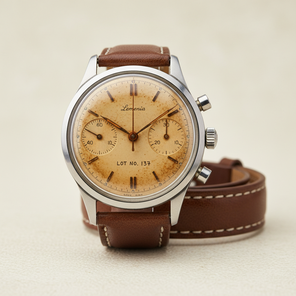 Screenshot of an online watch auction lot showing a vintage Lemania chronograph with patinated dial, lot number visible