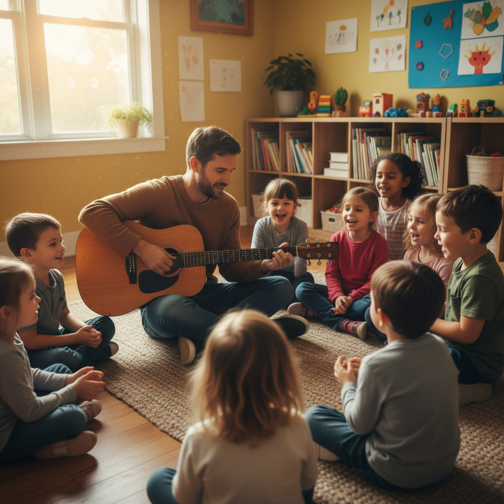 Counselor strumming acoustic guitar surrounded by kids