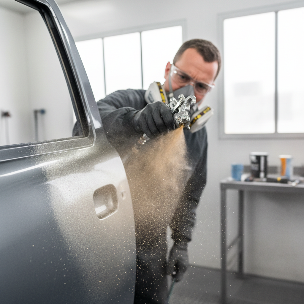 Painter applying silver metallic base coat to truck panel, metallic flake visible in amber-tinted mist
