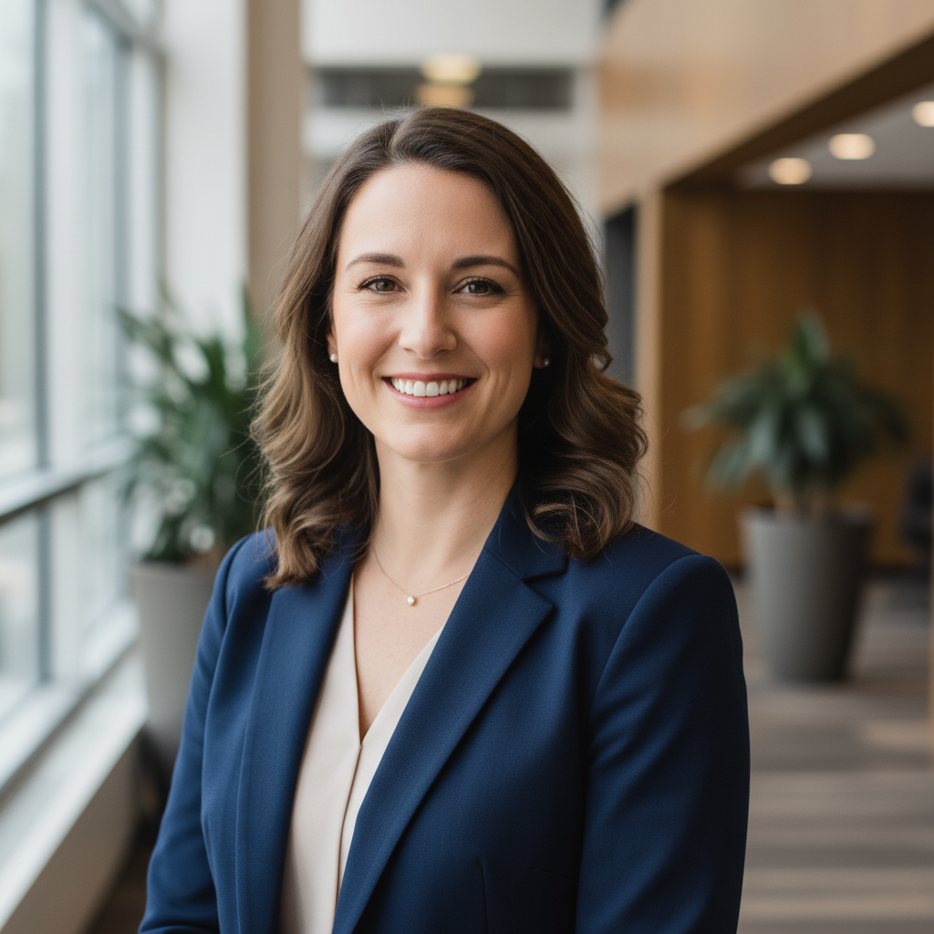 Professional woman real estate agent, confident smile, business attire, neutral background