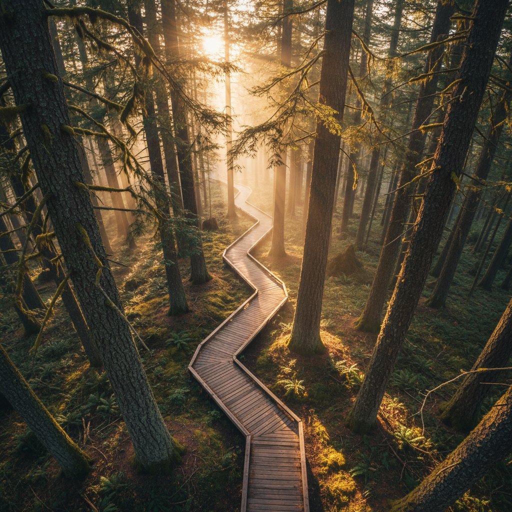 Aerial golden-hour view through Douglas fir canopy onto a wooden walkway, amber particulate light filtering through old-growth forest