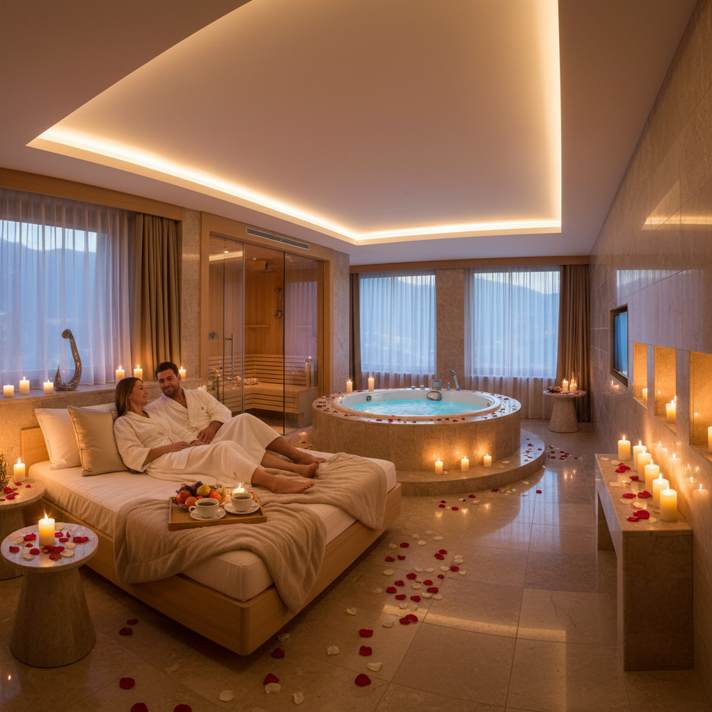 Couples spa treatment room with flower petals and ocean view