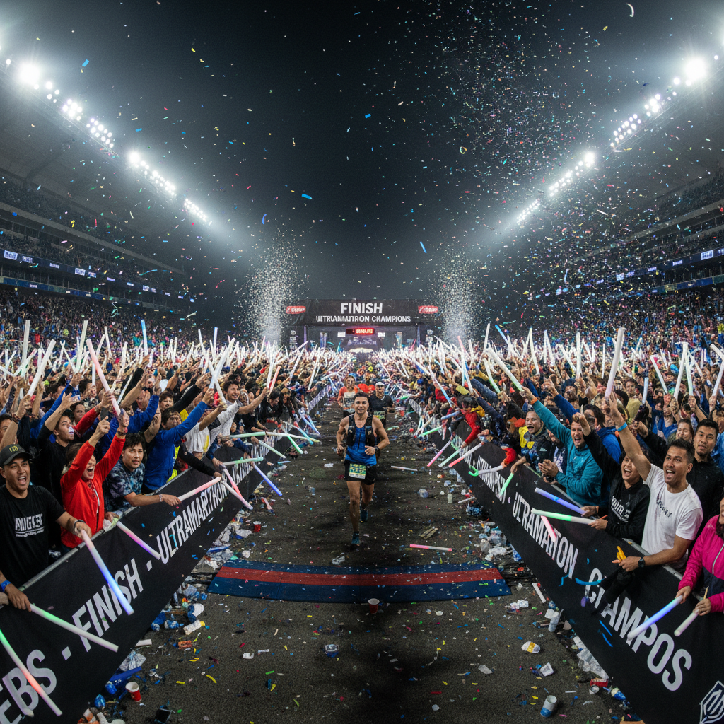 Ultra marathon finish line chute packed with cheering spectators at night, glowsticks and stadium lights illuminating the final stretch