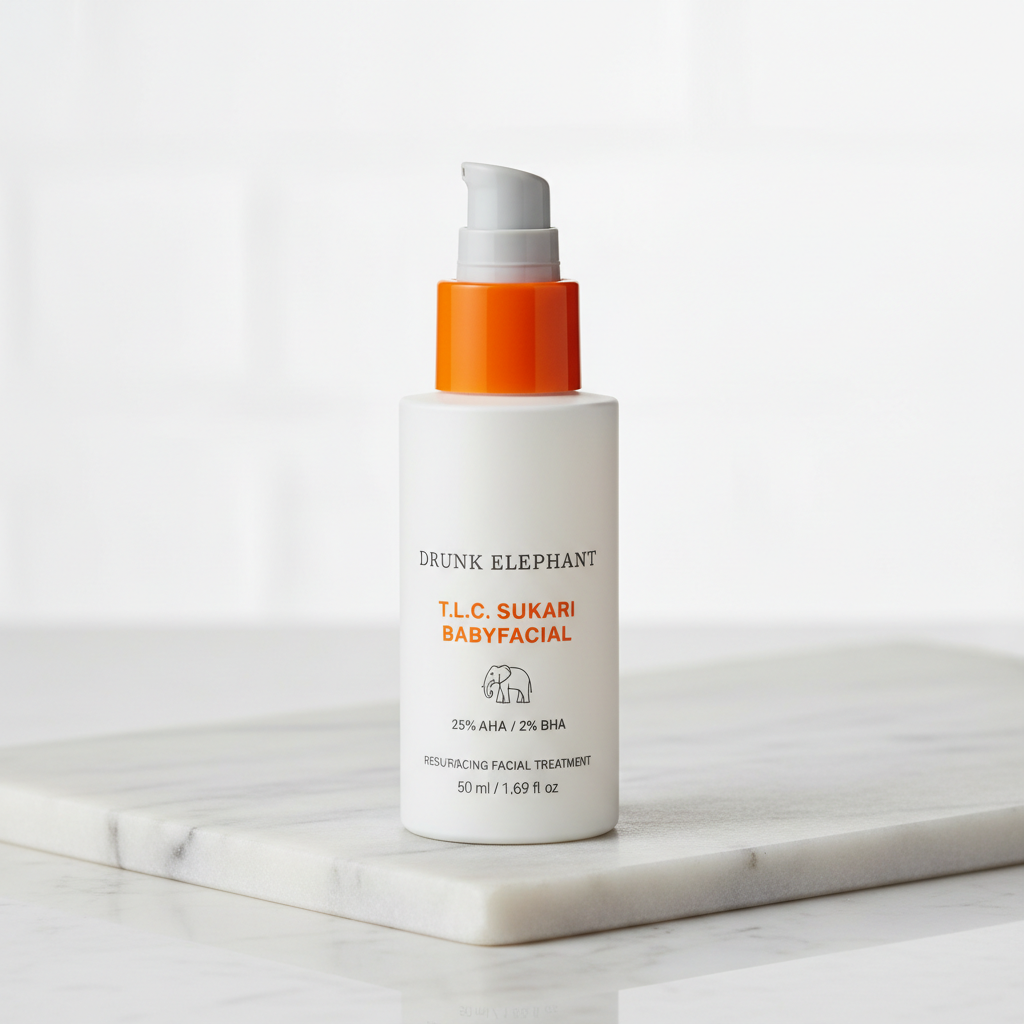 Drunk Elephant TLC Sukari Babyfacial sealed bottle on a marble surface