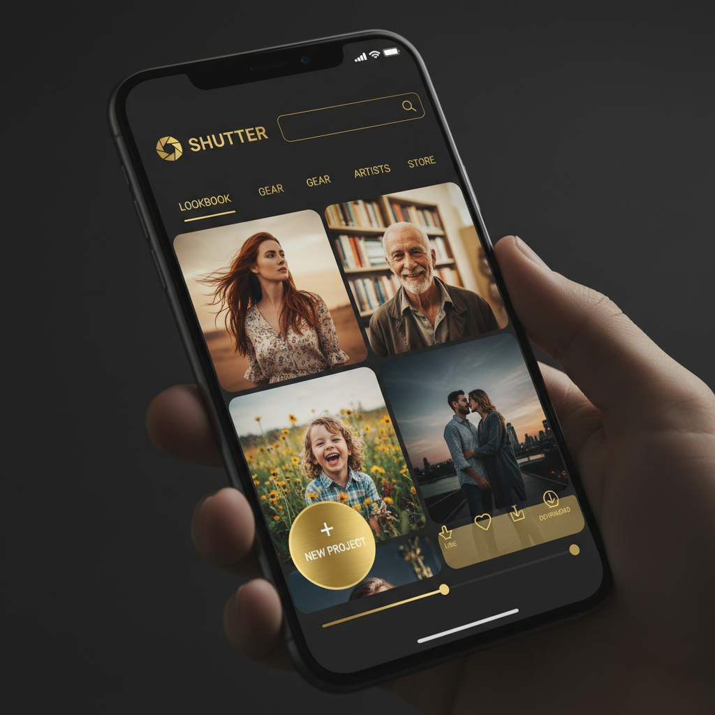 Shutter app interface showing a portrait photography lookbook with gold UI elements on dark screen