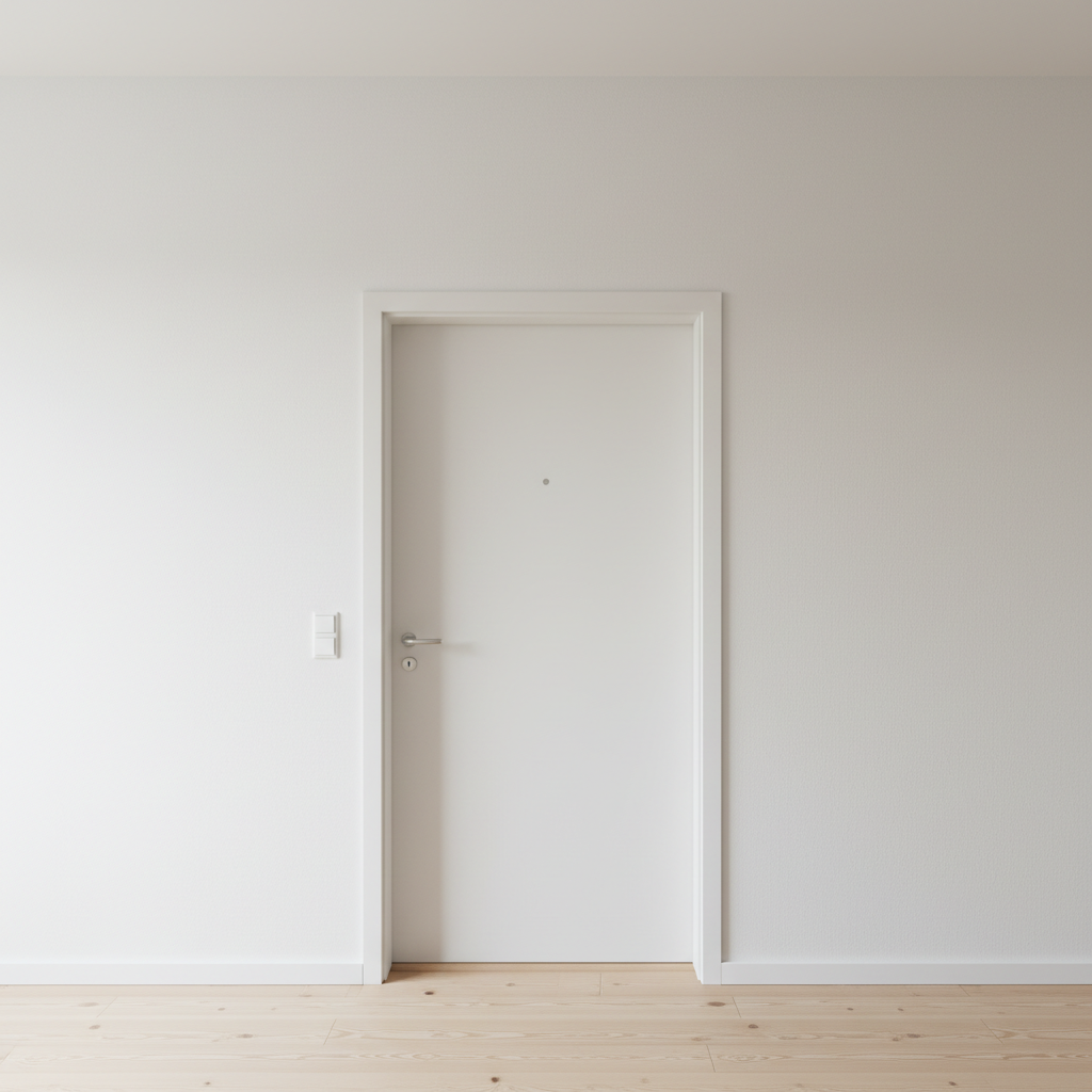 Plain apartment doorway with bare white walls, no decoration, ordinary entrance