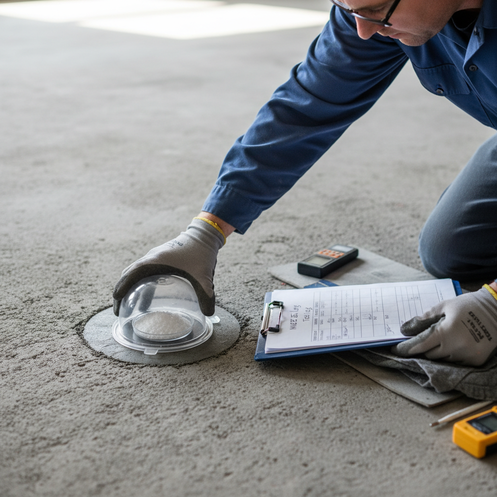 Technician performing moisture vapor emission test on concrete slab with calcium chloride dome kit, clipboard with readings visible