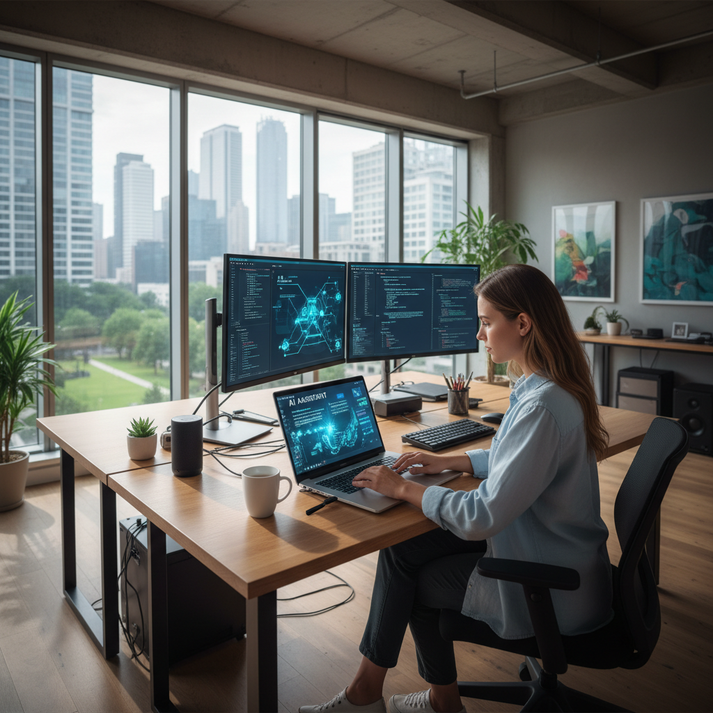 Professional consultant working with AI tools on a modern laptop