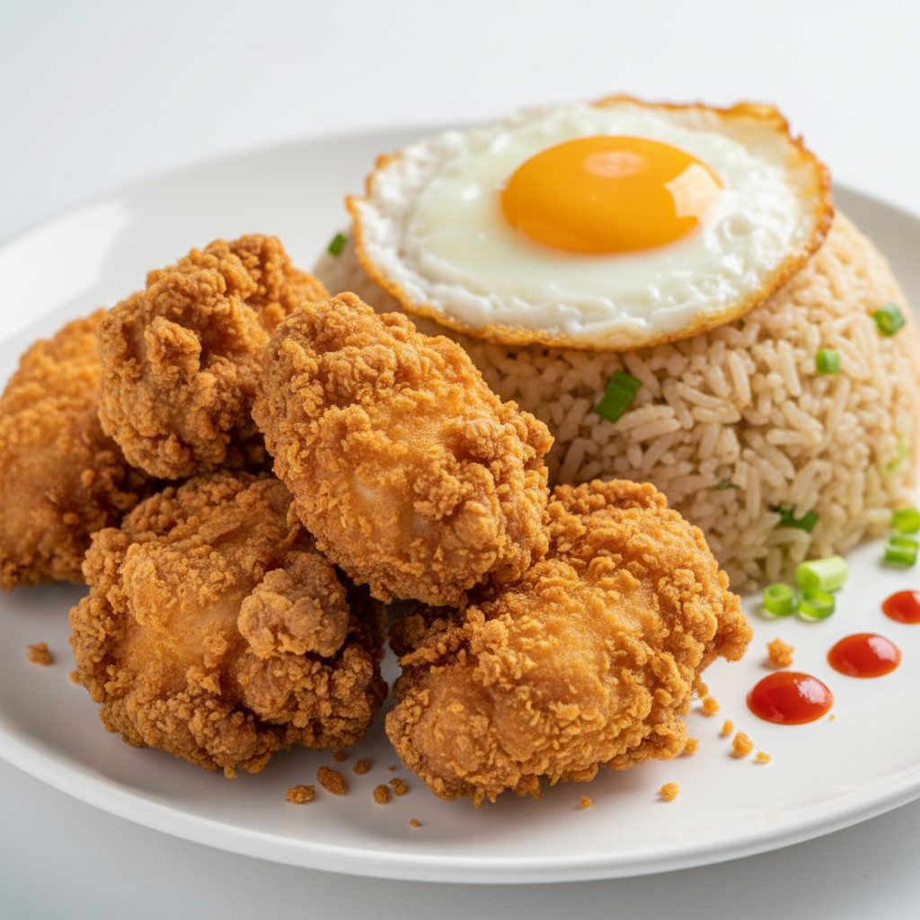 Chicksilog plate with crispy fried chicken, garlic fried rice, and fried egg