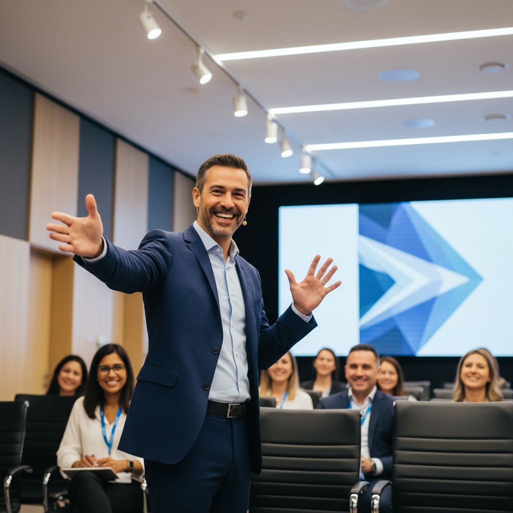 Speaker presenting confidently to a small engaged audience in a bright modern room