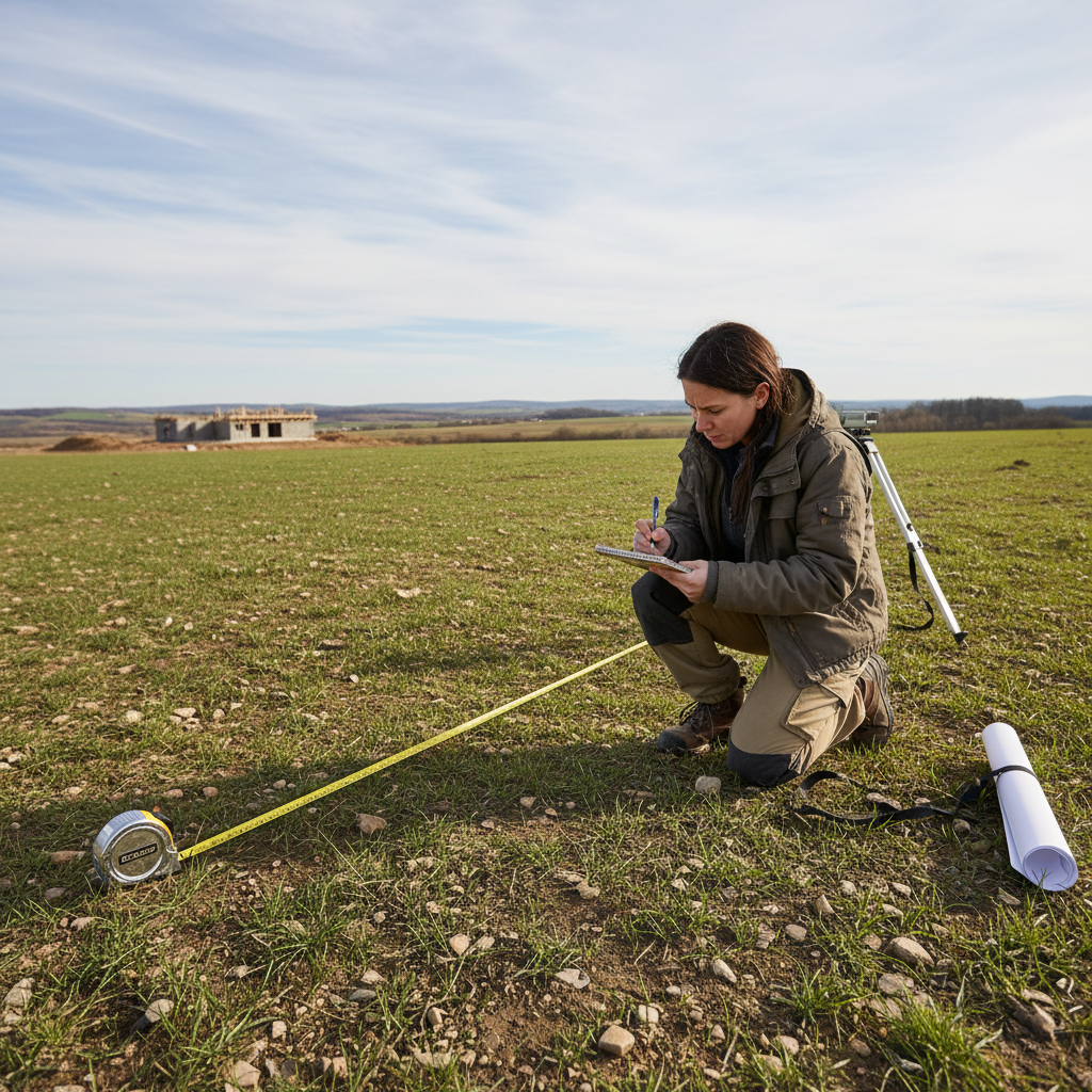 Architect surveying a field with measuring equipment and notebook