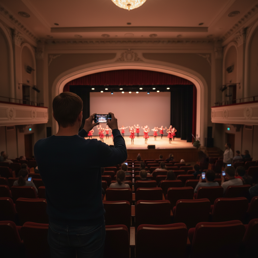Parent filming child at recital from the back of the room