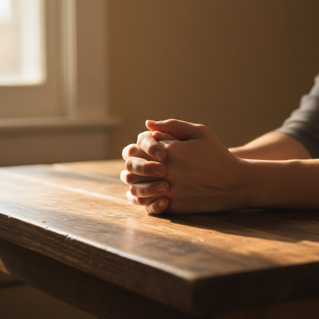Hands folded in prayer over a wooden table with soft morning light