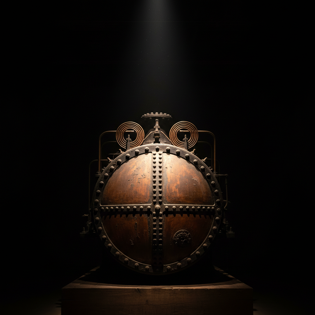 Historic steam-powered vehicle iron boiler in dark museum hall, single spotlight on aged copper and steel against black background