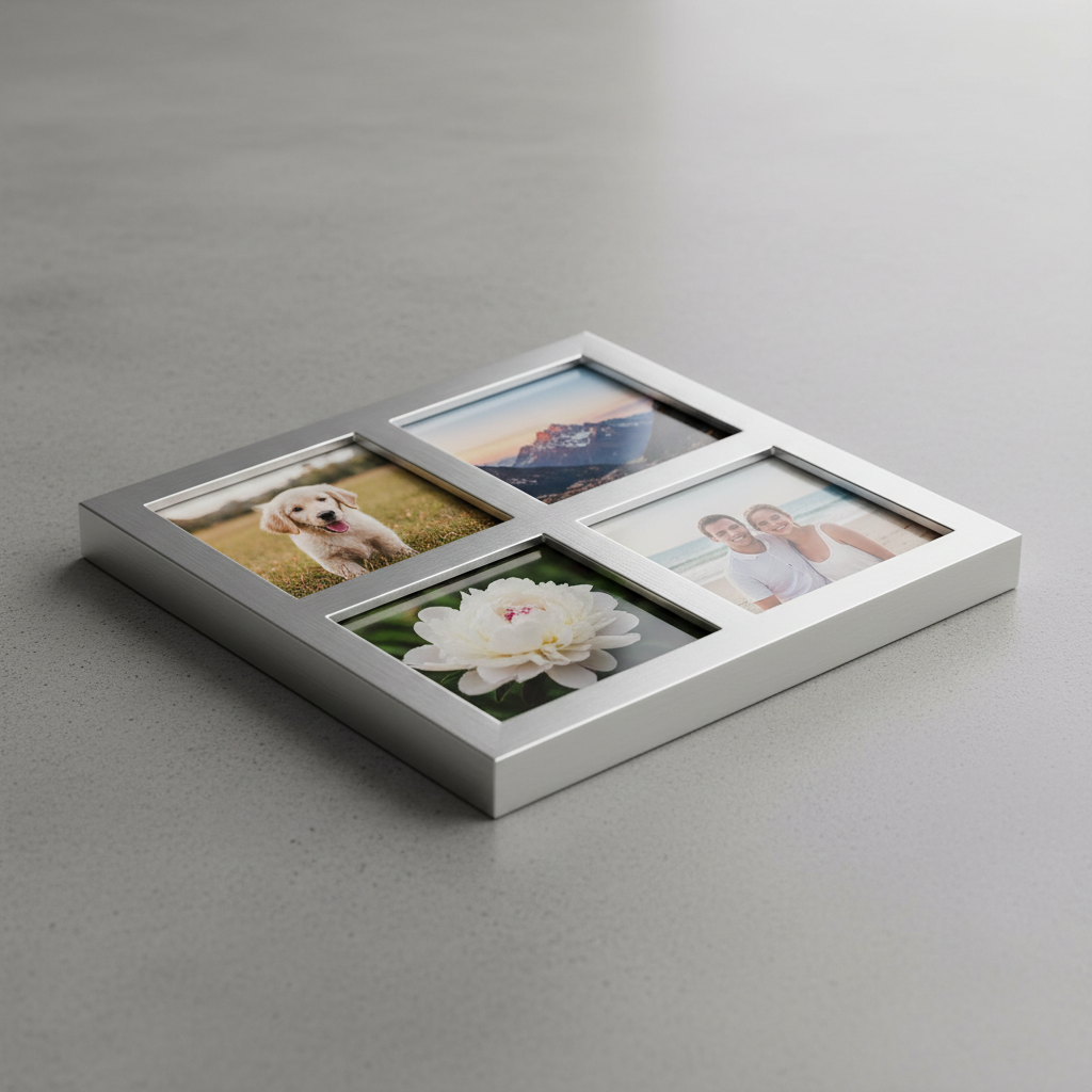 Elegant silver photo frame with couple photo on wooden shelf bright room