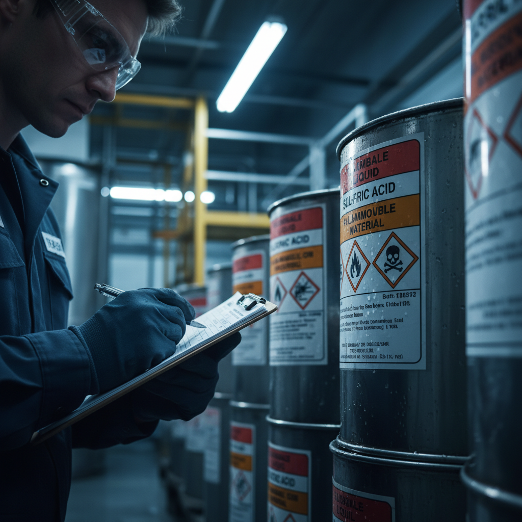 Industrial facility worker examining chemical storage labels under harsh fluorescent lighting