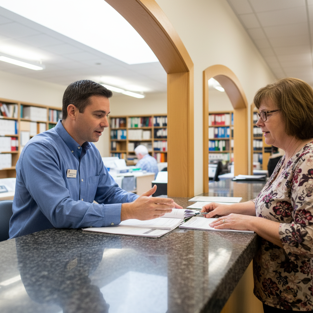 Records office clerk assisting a resident at a granite-countered service window