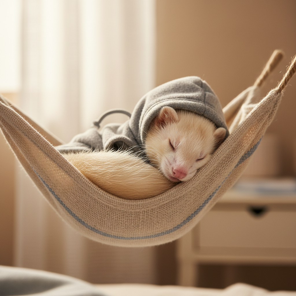 Ferret sleeping in a tiny hammock wearing a small hoodie