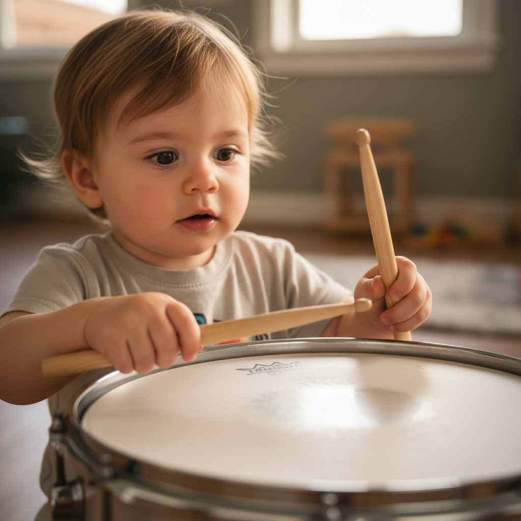 Small child holding drumsticks for the first time, looking at a snare drum
