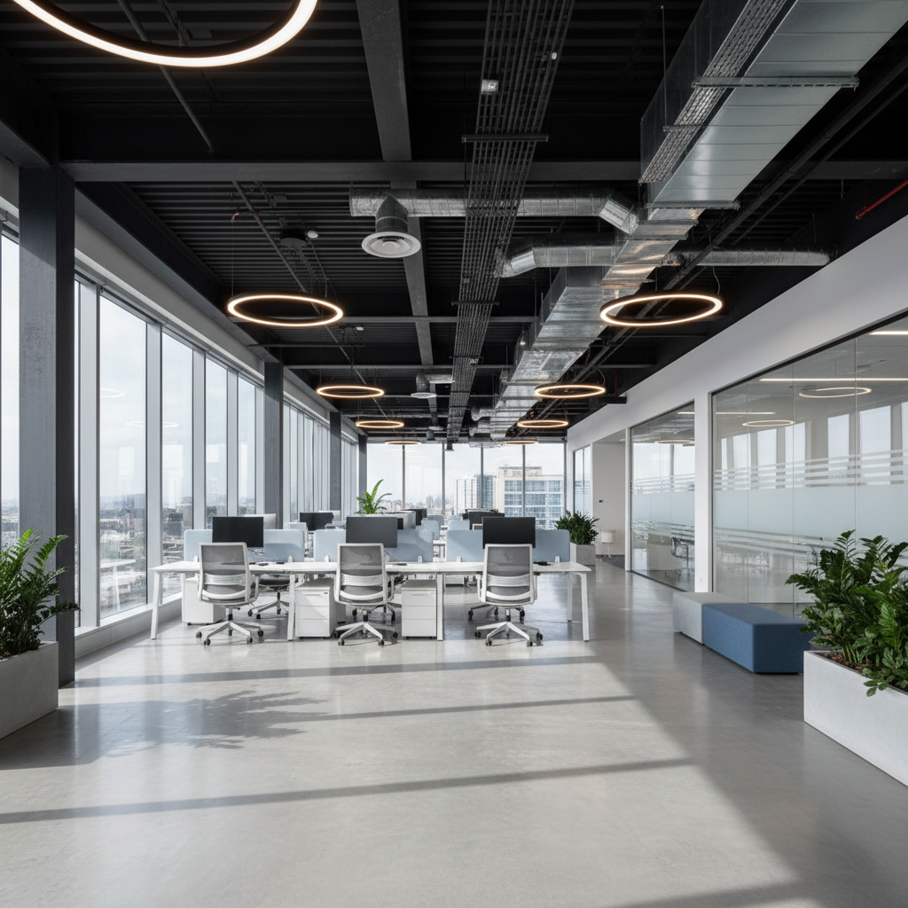 After: Completed modern office headquarters interior with polished concrete floors, exposed structural ceiling, and workstations