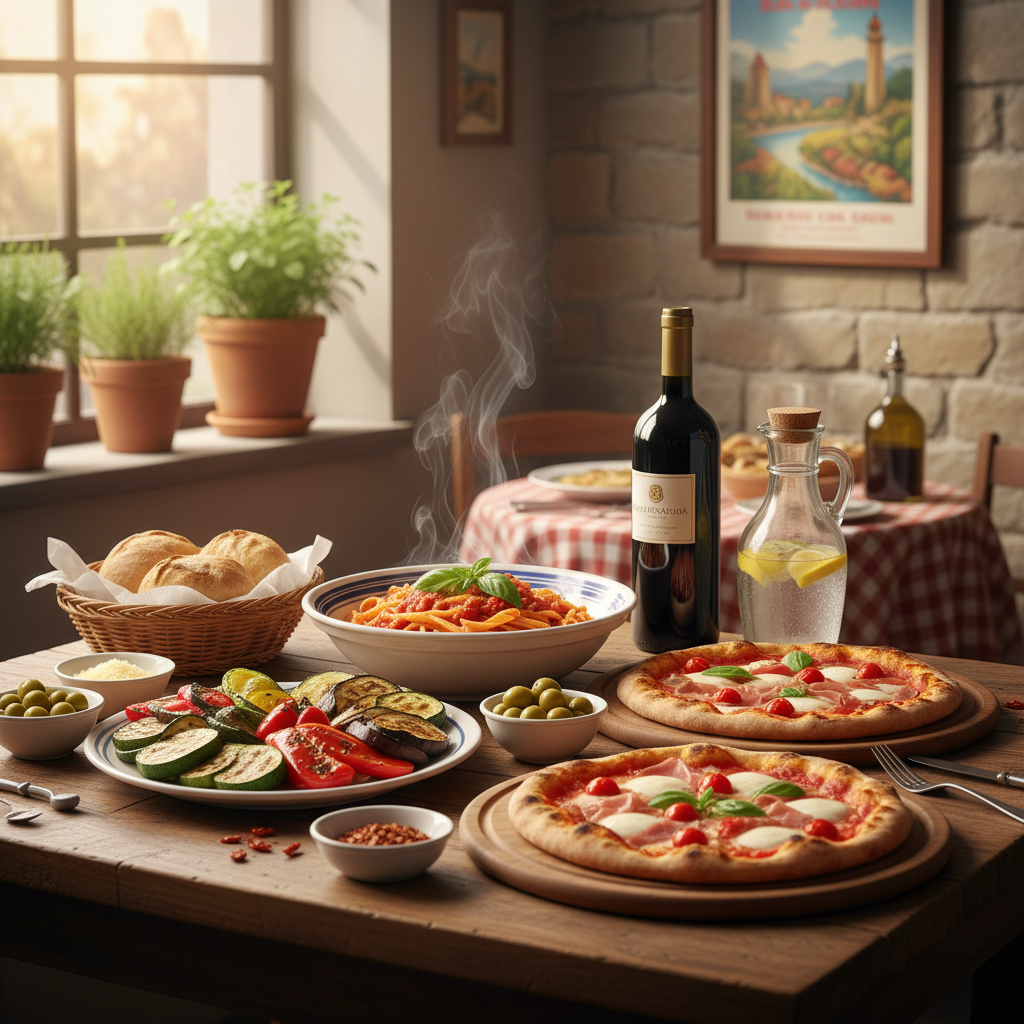 Long communal dinner table set with candles, wine glasses, and rustic Italian dishes in a warm restaurant