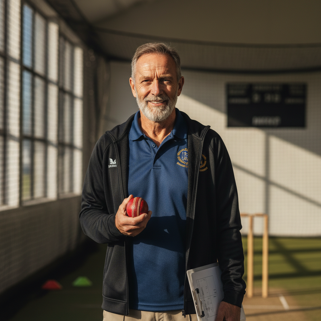 Athletic male coach in cricket training gear, outdoor sports facility background, confident stance