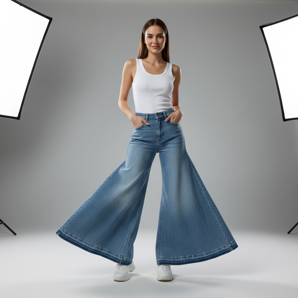 Light wash flare jeans folded on bright white surface, fashion editorial