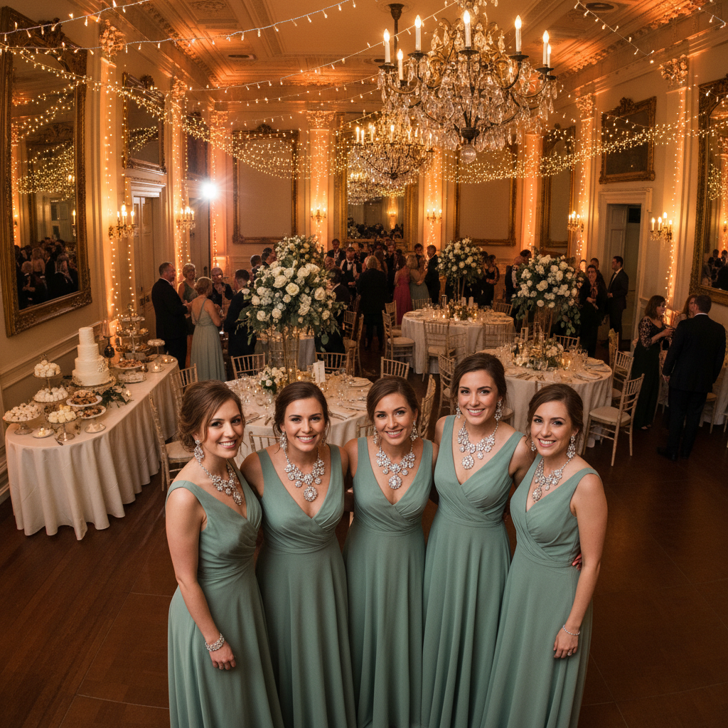Elegant wedding reception with bridesmaids wearing statement jewelry